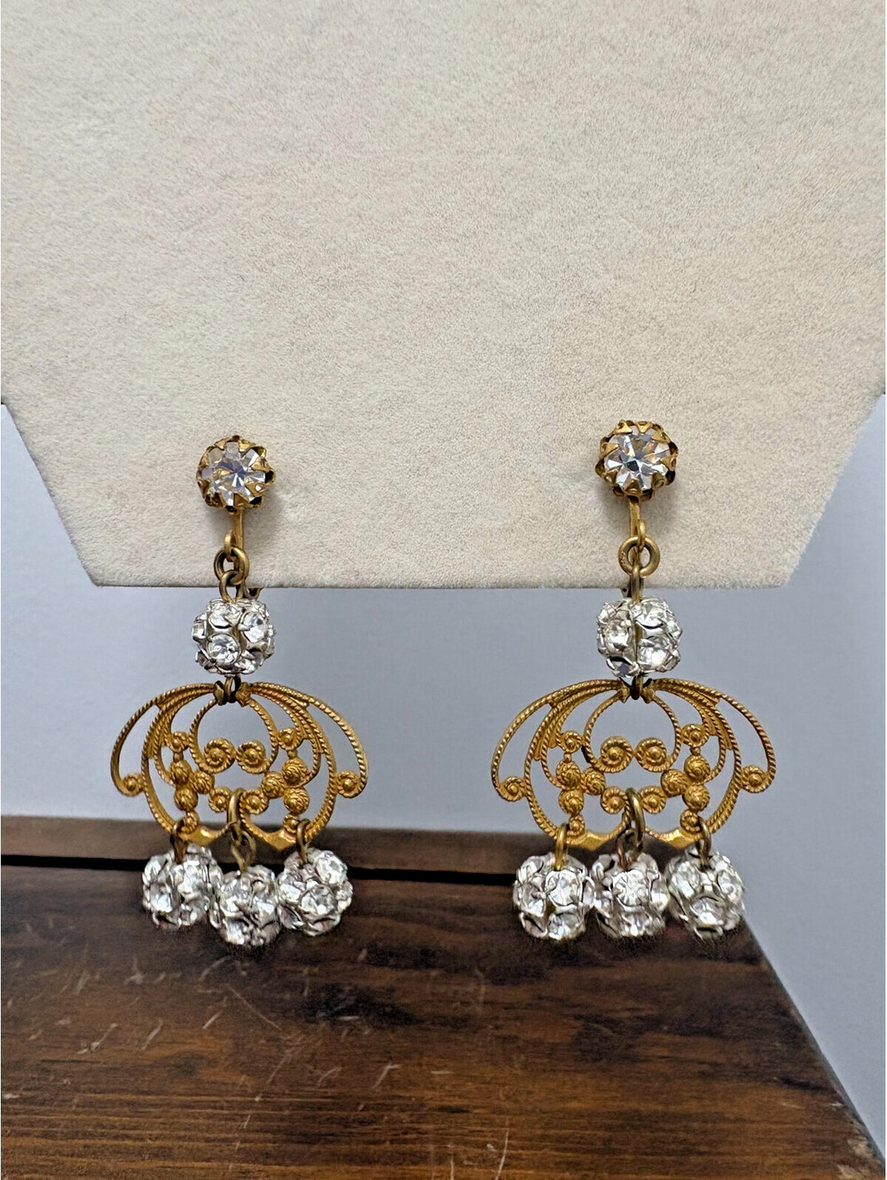 Vintage Signed Miriam Haskell Gold Tone Chandelier Clip Earring Rhinestone Swirl